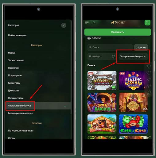 Раздел для отыгрывания бонусов в Riobet Casino