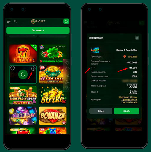 Окно с информацией об RTP в Riobet Casino